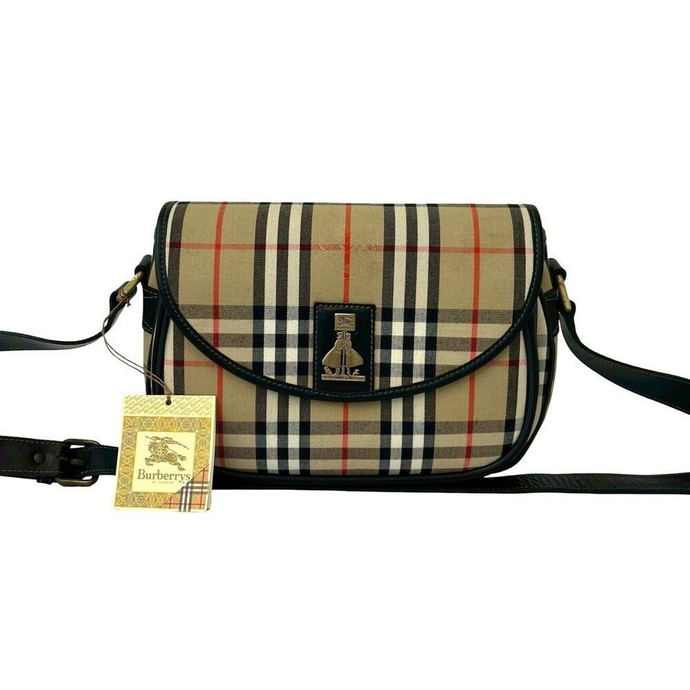 Burberrys Vintage Nova Check Pattern Canvas Leather Shoulder Bag, Beige/Black...
